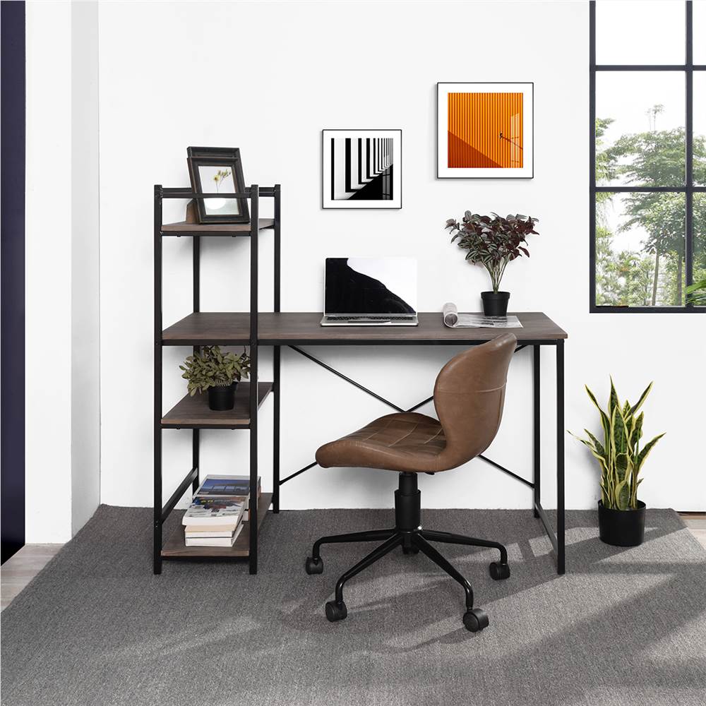 

Home Office 47.2"L Computer Desk with 4-Layer Storage Shelf, Wooden Tabletop and Metal Frame, for Game Room, Office, Study Room - Walnut