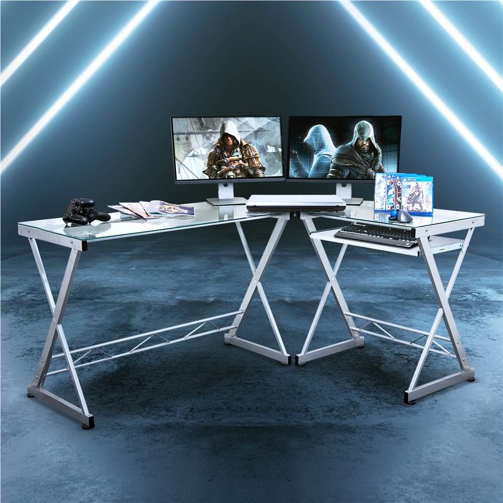Techni Mobili Home Office Computer Desk with Pull-Out Keyboard Panel, Glass Tabletop and Metal Frame, for Game Room, Small Space, Study Room - White