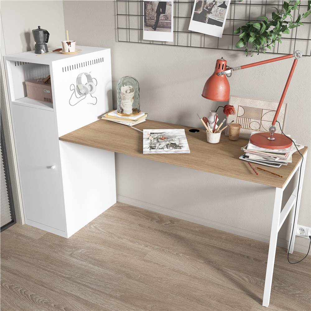 

Home Office Computer Desk with Metal Storage Cabinet and MDF Tabletop, for Game Room, Office, Study Room - White