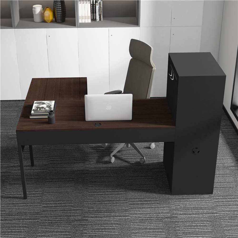 

Home Office L-shaped Computer Desk with Metal Storage Cabinet and MDF Tabletop, for Game Room, Office, Study Room - Black