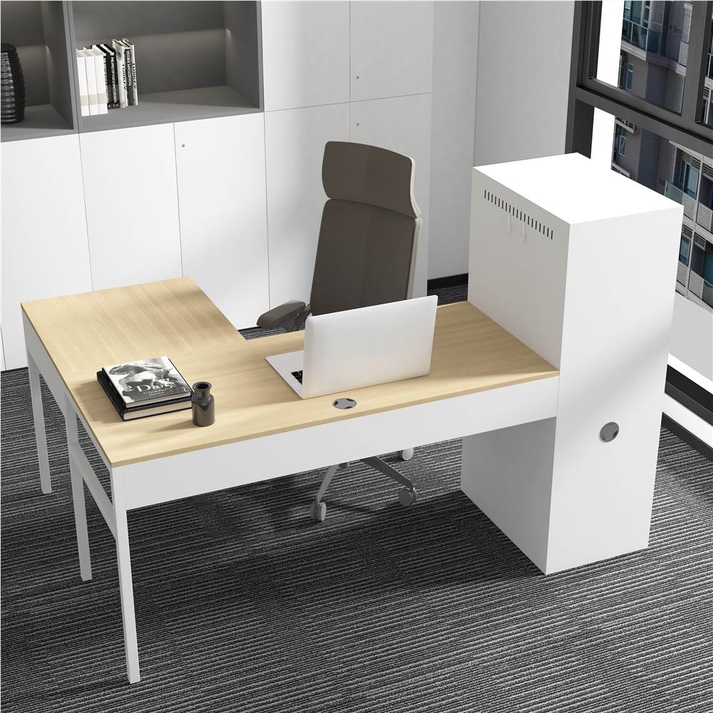 

Home Office L-shaped Computer Desk with Metal Storage Cabinet and MDF Tabletop, for Game Room, Office, Study Room - White