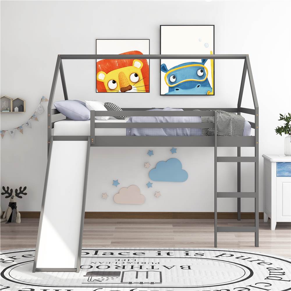 

Full-Size Loft Bed Frame with Slide and Wooden Slats Support, No Box Spring Required, for Kids, Teens, Boys, Girls (Frame Only) - Gray