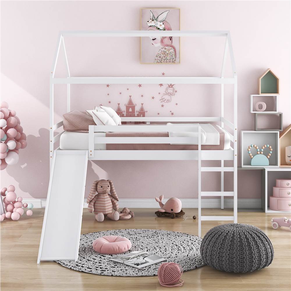 

Full-Size Loft Bed Frame with Slide and Wooden Slats Support, No Box Spring Required, for Kids, Teens, Boys, Girls (Frame Only) - White