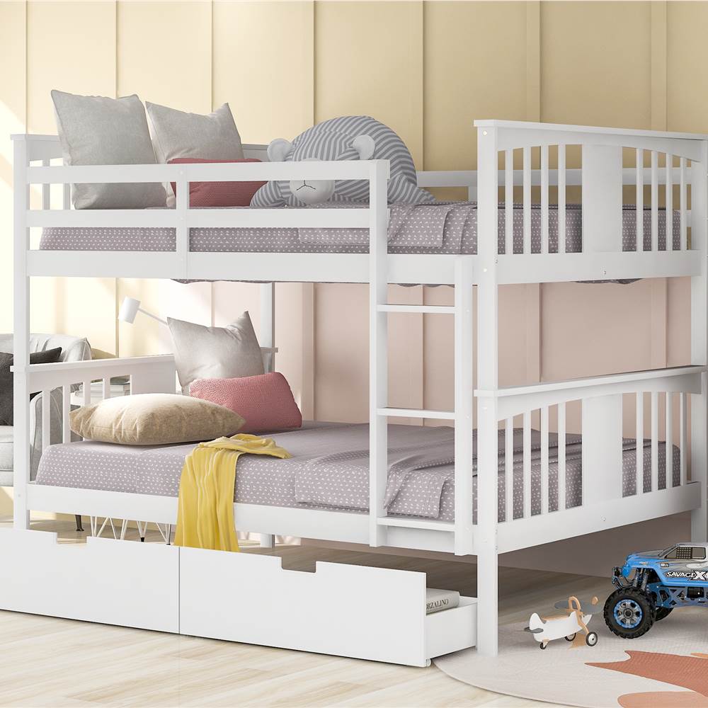 

Full-Over-Full Size Bunk Bed Frame with 2 Storage Drawers, Ladder, and Wooden Slats Support, for Kids, Teens, Boys, Girls (Frame Only) - White