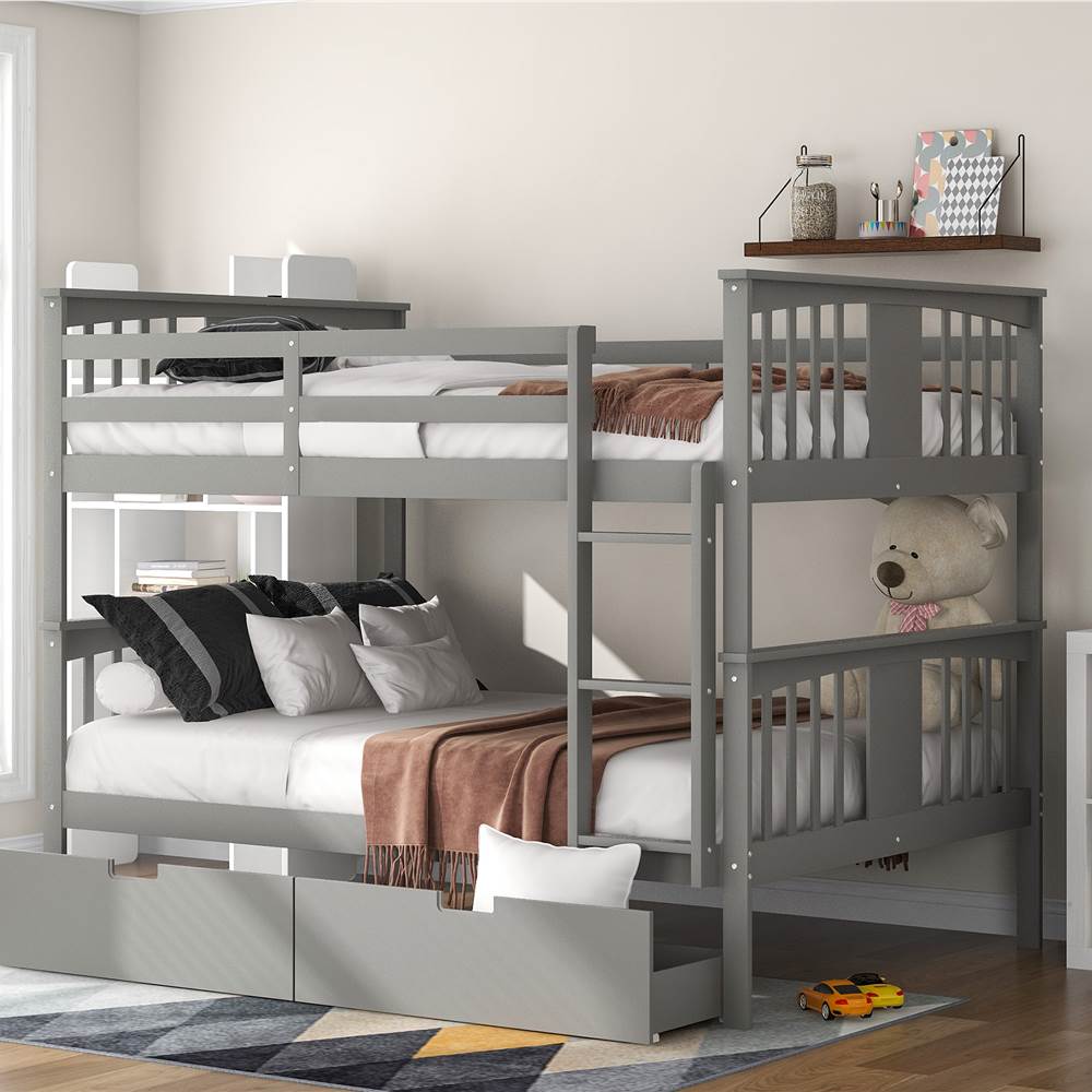 

Full-Over-Full Size Bunk Bed Frame with 2 Storage Drawers, Ladder, and Wooden Slats Support, for Kids, Teens, Boys, Girls (Frame Only) - Gray