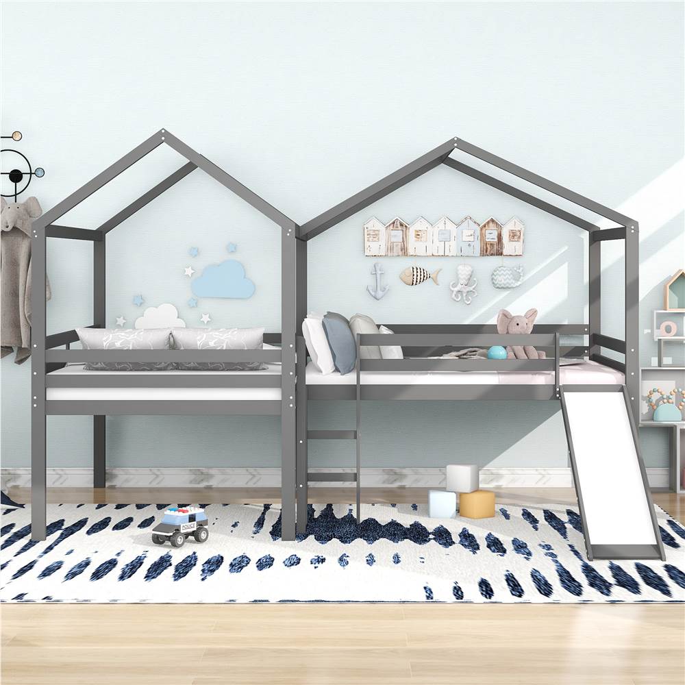 

Full-Size House-Shaped Loft Bed Frame with Slide, Ladder, and Wooden Slats Support, No Box Spring Required, for Kids, Teens, Boys, Girls (Frame Only) - Gray