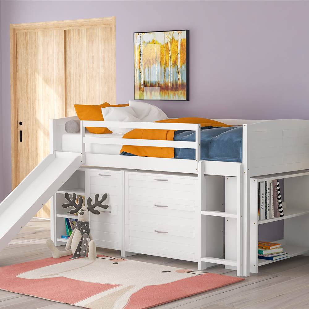 

Twin-Size Loft Bed Frame with Storage Cabinets, Shelves, Slide, and Wooden Slats Support, No Box Spring Required, for Kids, Teens, Boys, Girls (Frame Only) - White