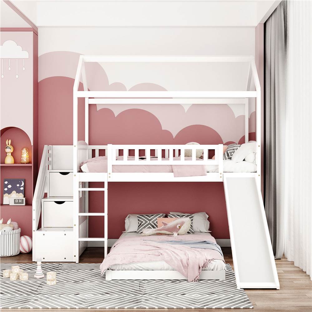 House Shaped Bunk Bed Frame, Twin Bunk Beds With Storage And Slide