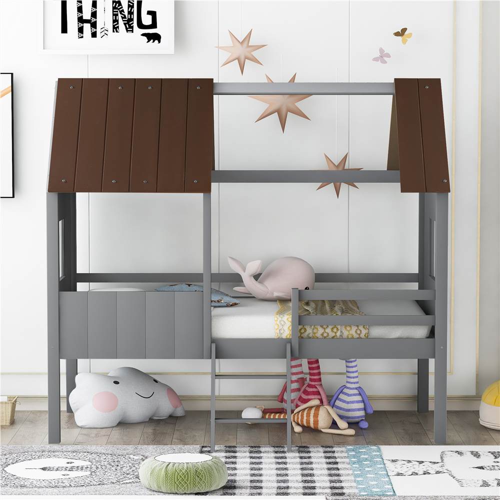 

Twin-Size House-Shaped Loft Bed Frame with Two Side Windows and Wooden Slats Support, No Box Spring Required, for Kids, Teens, Boys, Girls (Frame Only) - Antique Gray + Normal Gray