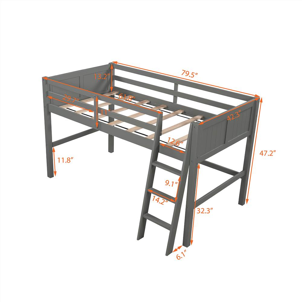 TwinSize Loft Bed Frame with Ladder and Wooden Slats Support Gray