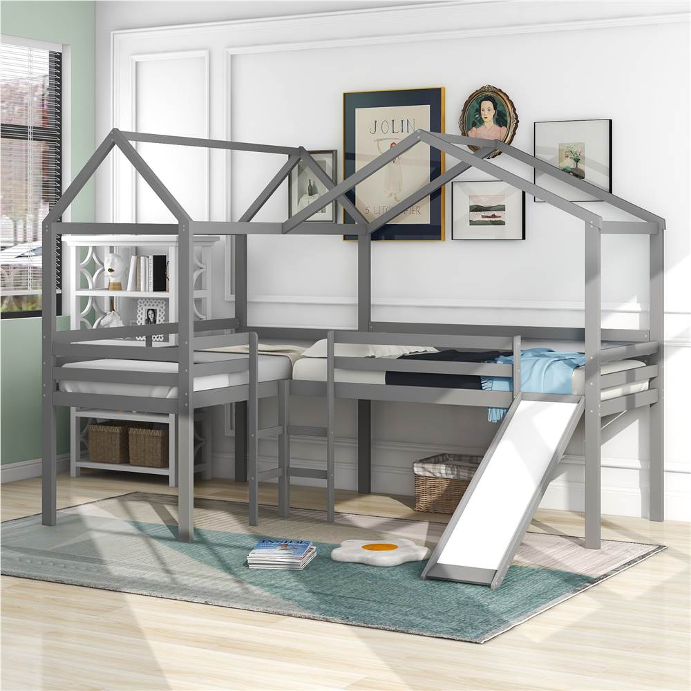 

Twin-Size House-Shaped Loft Bed Frame with Slide, Ladder, and Wooden Slats Support, No Box Spring Required, for Kids, Teens, Boys, Girls (Frame Only) - Gray