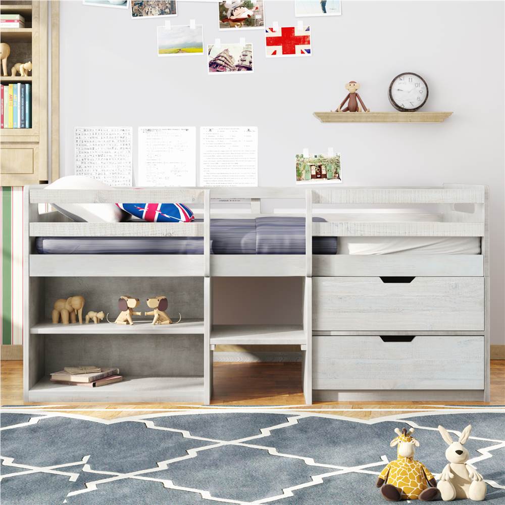 

Twin-Size Loft Bed Frame with 2 Storage Drawers, 2 Shelves, and Wooden Slats Support, No Box Spring Required, for Kids, Teens, Boys, Girls (Frame Only) - Antique White