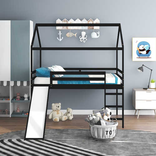 

Full-Size Loft Bed Frame with Slide and Wooden Slats Support, No Box Spring Required, for Kids, Teens, Boys, Girls (Frame Only) - Espresso