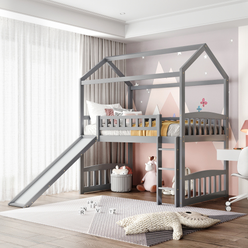 

Twin-Size House-Shaped Loft Bed Frame with Slide, Ladder and Wooden Slats Support, No Box Spring Required, for Kids, Teens, Boys, Girls (Frame Only) - Gray