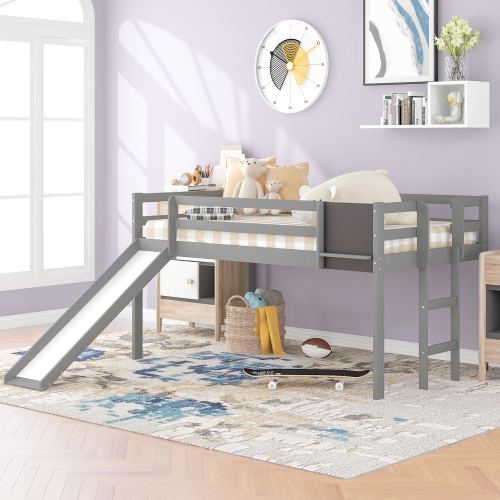 

Twin-Size Loft Bed Frame with Slide, Chalkboard, and Wooden Slats Support, No Box Spring Required, for Kids, Teens, Boys, Girls (Frame Only) - Gray