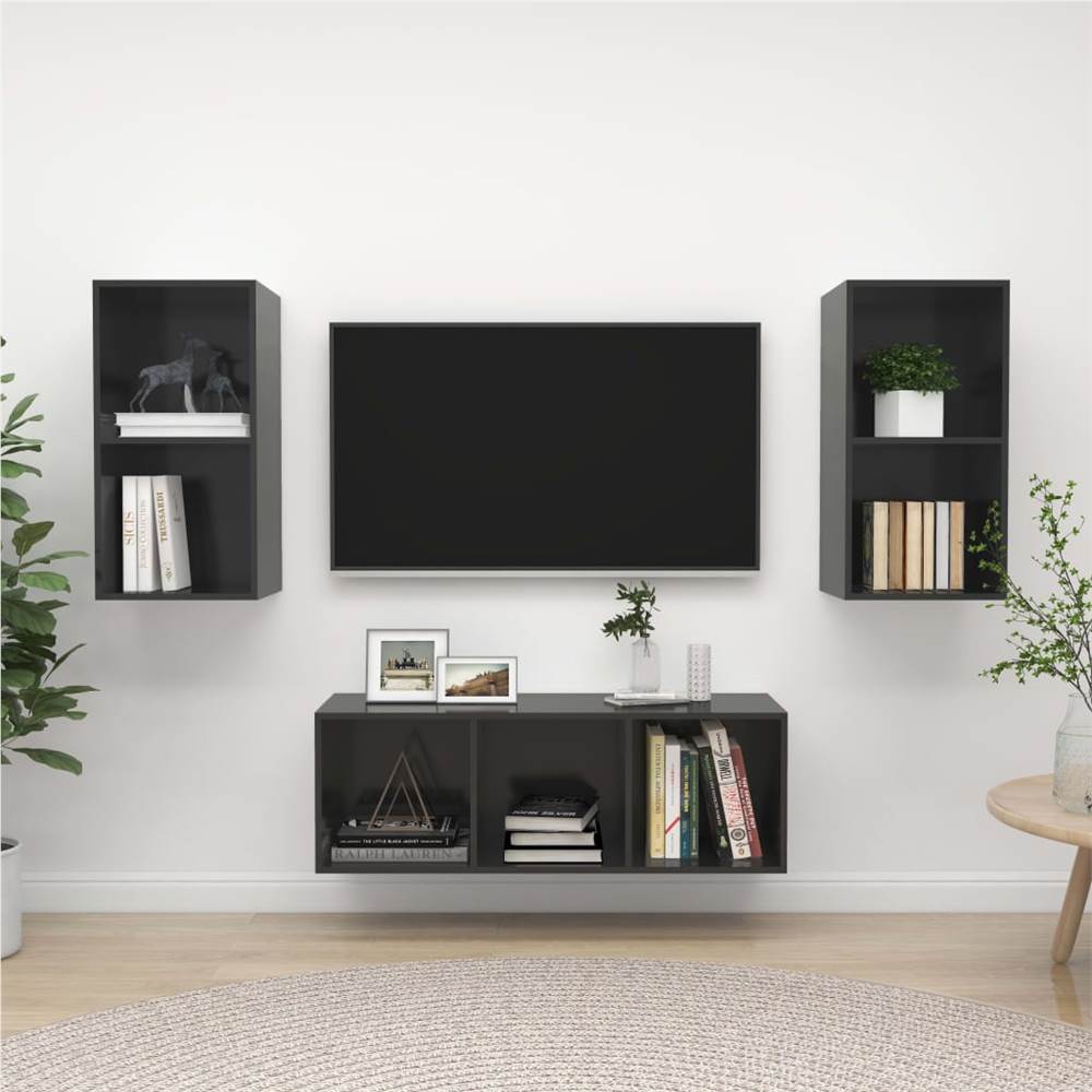 

3 Piece TV Cabinet Set High Gloss Grey Chipboard