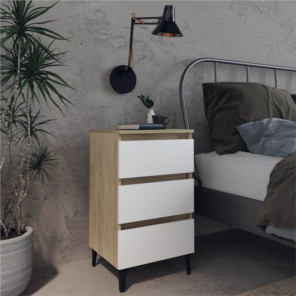 

Bed Cabinet with Metal Legs White and Sonoma Oak 40x35x69 cm