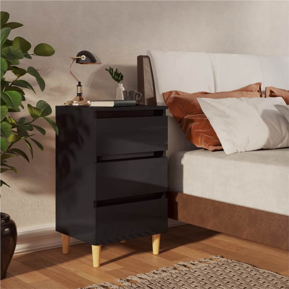 

Bed Cabinet with Solid Wood Legs High Gloss Black 40x35x69 cm