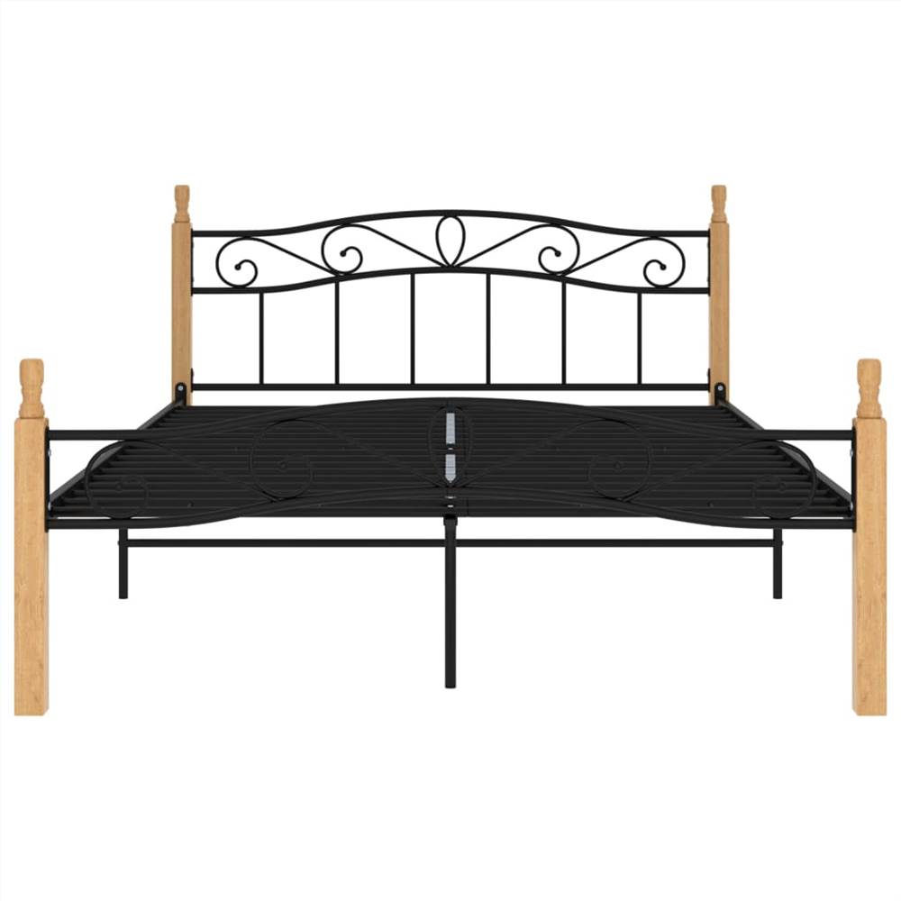 Bed Frame Black Metal and Solid Oak Wood 140x200 cm