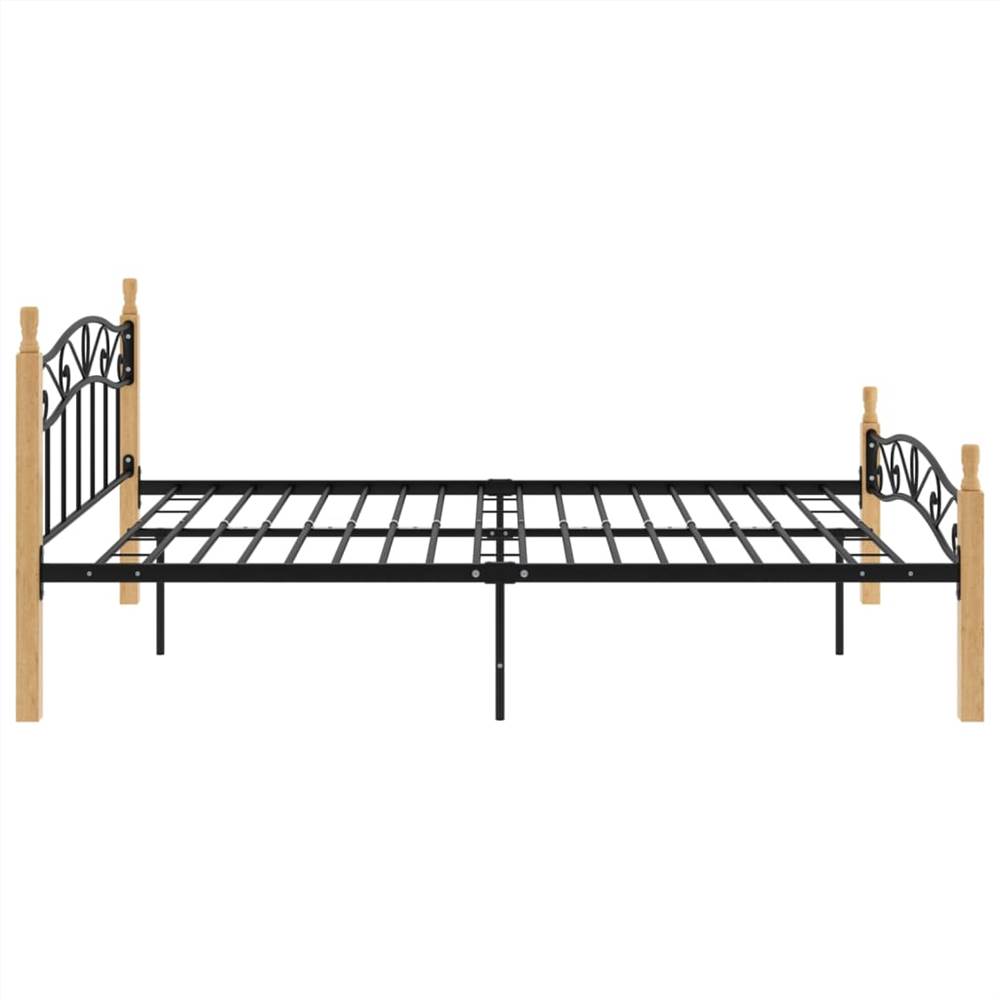 Bed Frame Black Metal and Solid Oak Wood 140x200 cm