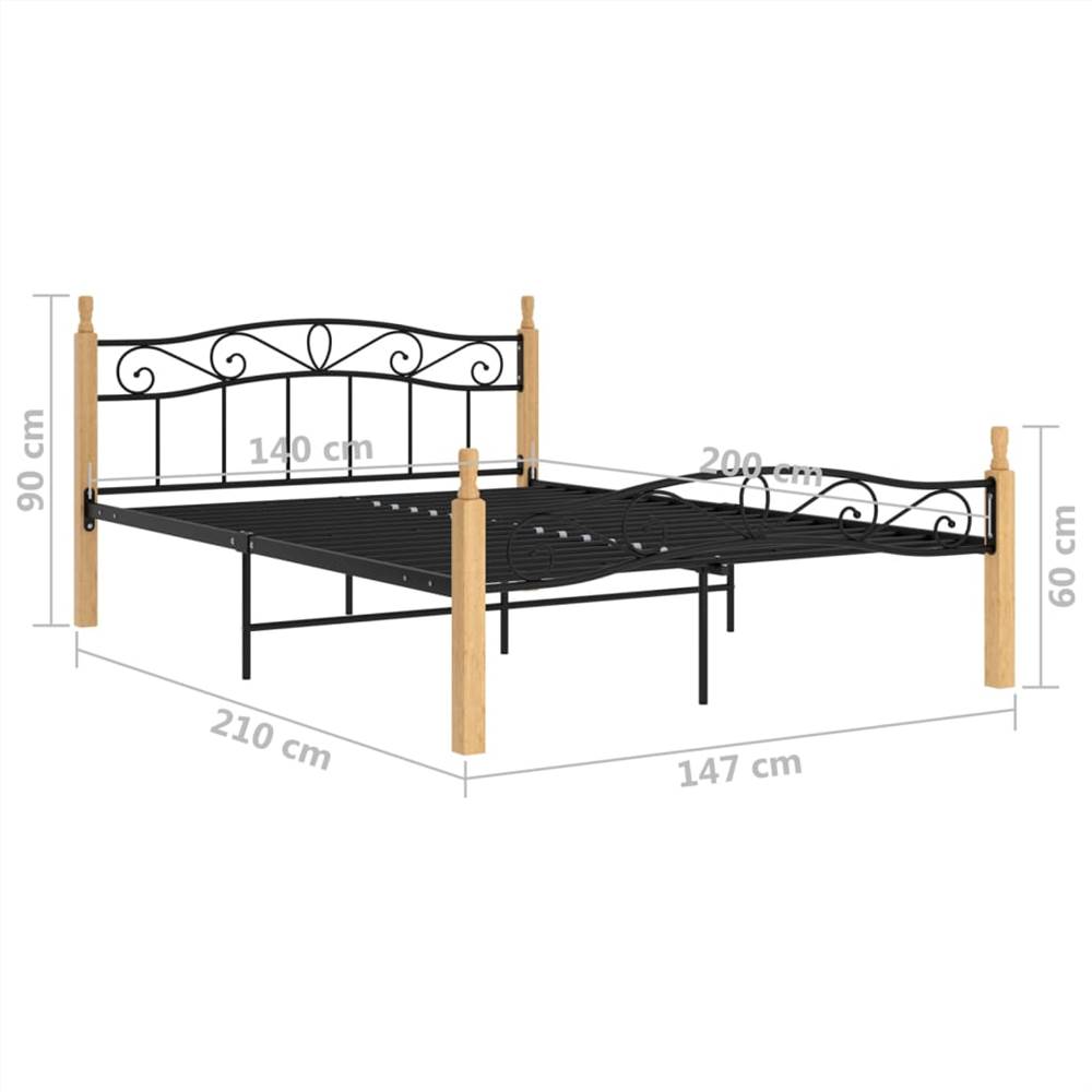 Bed Frame Black Metal and Solid Oak Wood 140x200 cm