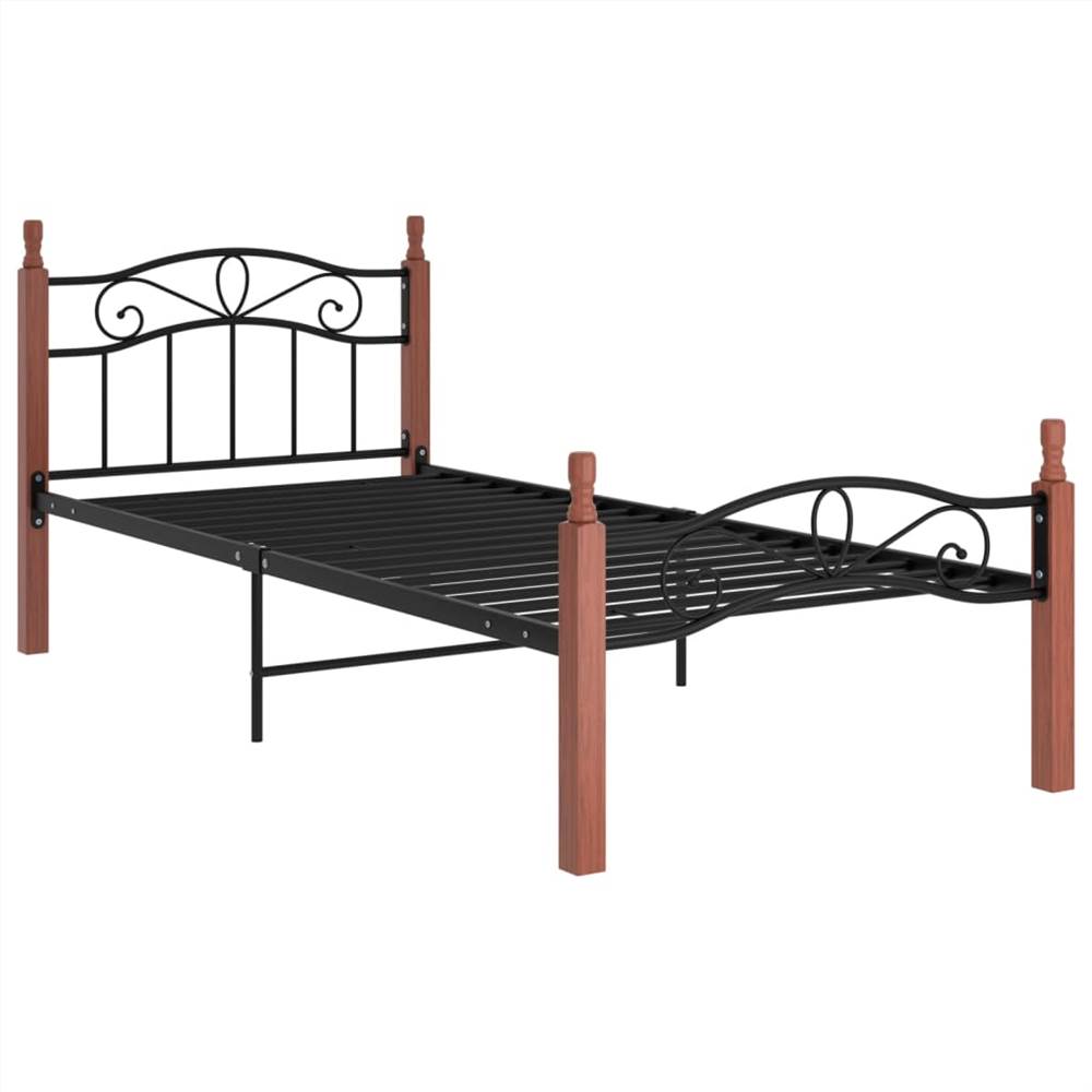 Bed Frame Black Metal and Solid Oak Wood 90x200 cm