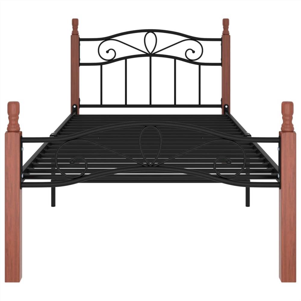 Bed Frame Black Metal and Solid Oak Wood 90x200 cm