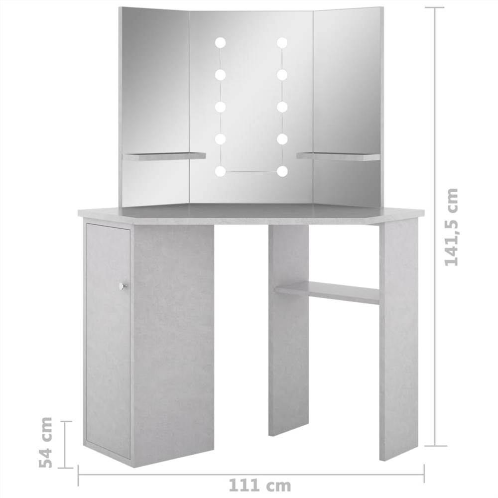 Corner Dressing Table with LED Concrete Grey 111x54x141.5 cm