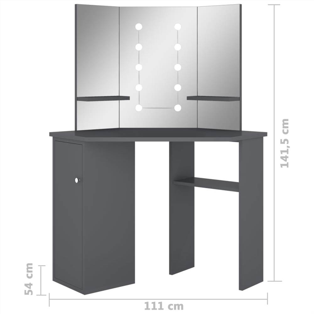 Corner Dressing Table with LED Grey 111x54x141.5 cm