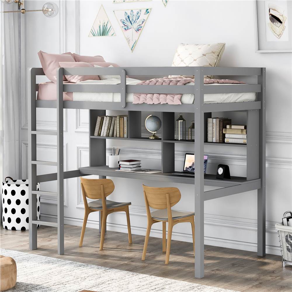 

Twin-Size Loft Bed Frame with Desk, Storage Shelves, and Wooden Slats Support, No Box Spring Required, for Kids, Teens, Boys, Girls (Frame Only) - Gray