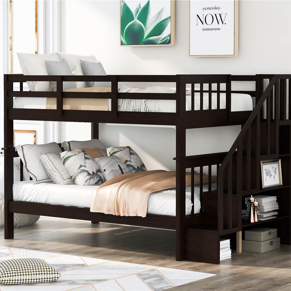 

Full-Over-Full Size Bunk Bed Frame with Storage Stairs, Ladder, and Wooden Slats Support, for Kids, Teens, Boys, Girls (Frame Only) - Espresso