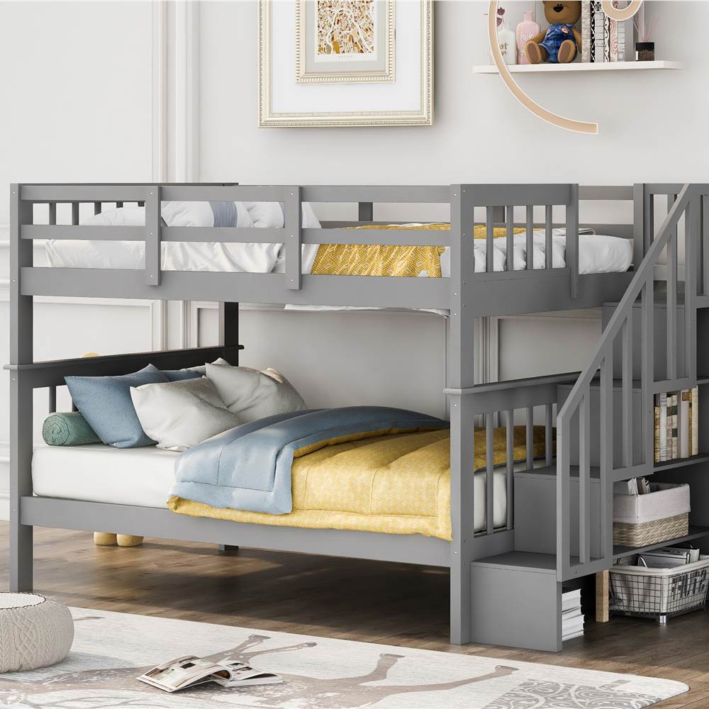 

Full-Over-Full Size Bunk Bed Frame with Storage Stairs, Ladder, and Wooden Slats Support, for Kids, Teens, Boys, Girls (Frame Only) - Gray
