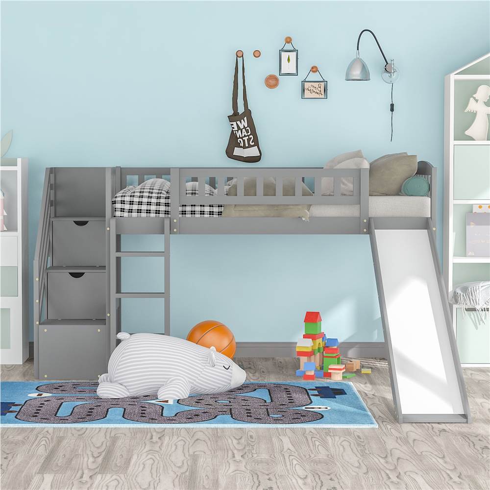 Twin-Size Loft Bed Frame with Storage Stairs, Slide, and Wooden Slats Support, No Box Spring Required, for Kids, Teens, Boys, Girls (Frame Only) - Gray