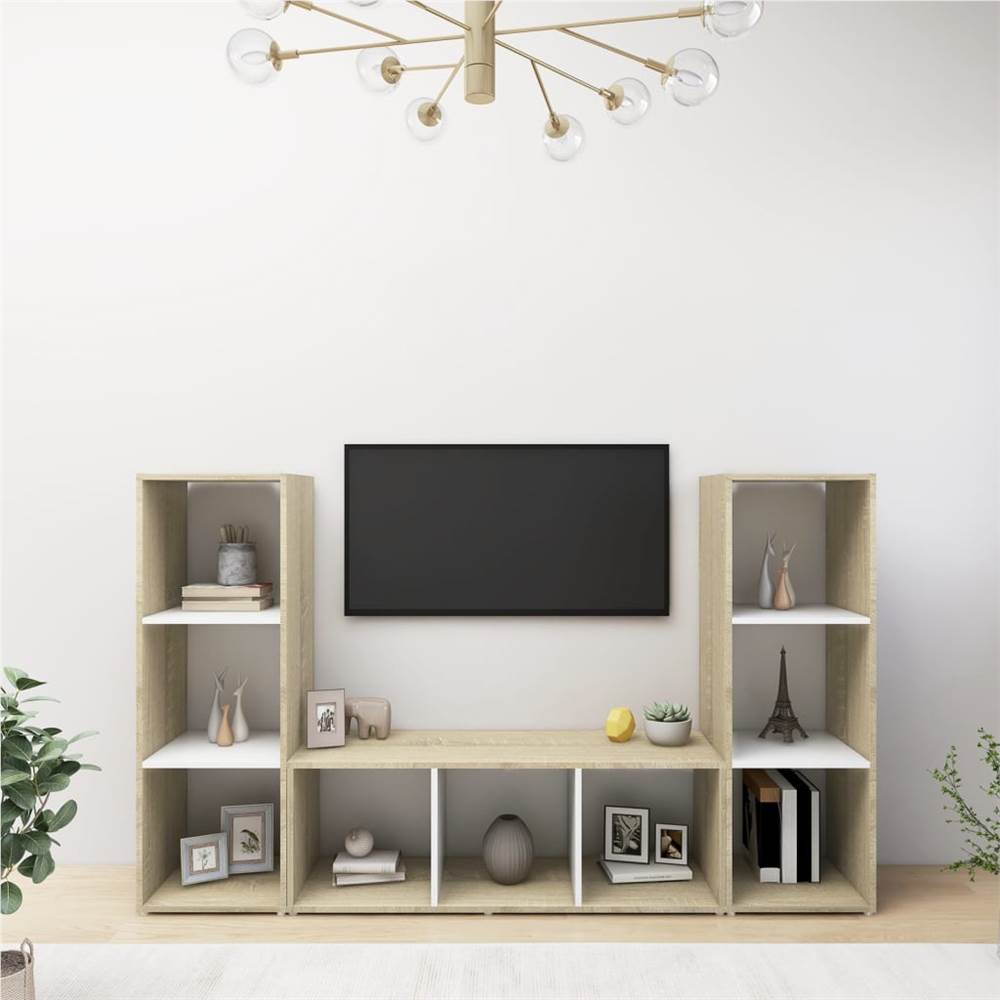 

TV Cabinets 3 pcs White and Sonoma Oak 107x35x37 cm Chipboard