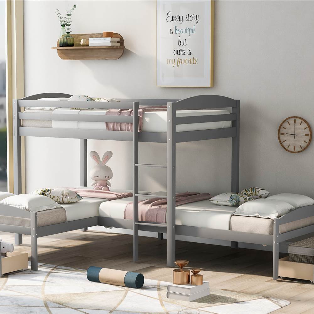 Twin-Over-Twin Size L-shaped Bunk Bed Frame with 2 Storage Drawers, Ladder, and Wooden Slats Support, for Kids, Teens, Boys, Girls (Frame Only) - Gray
