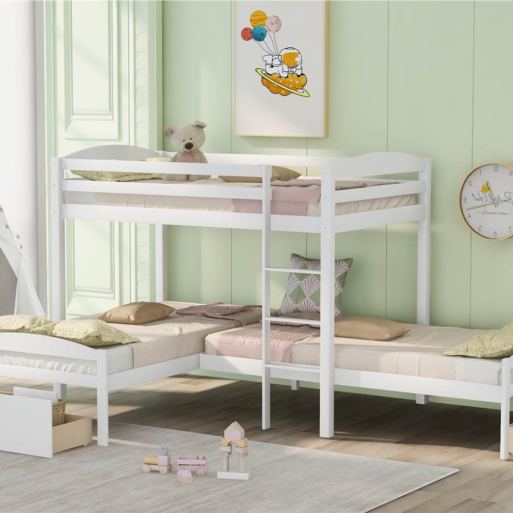 Twin-Over-Twin Size L-shaped Bunk Bed Frame with 2 Storage Drawers, Ladder, and Wooden Slats Support, for Kids, Teens, Boys, Girls (Frame Only) - White
