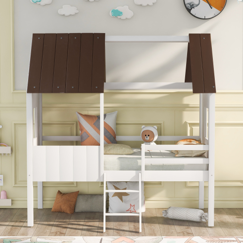 

Twin-Size House-Shaped Loft Bed Frame with Two Side Windows and Wooden Slats Support, No Box Spring Required, for Kids, Teens, Boys, Girls (Frame Only) - Antique Gray + Normal White