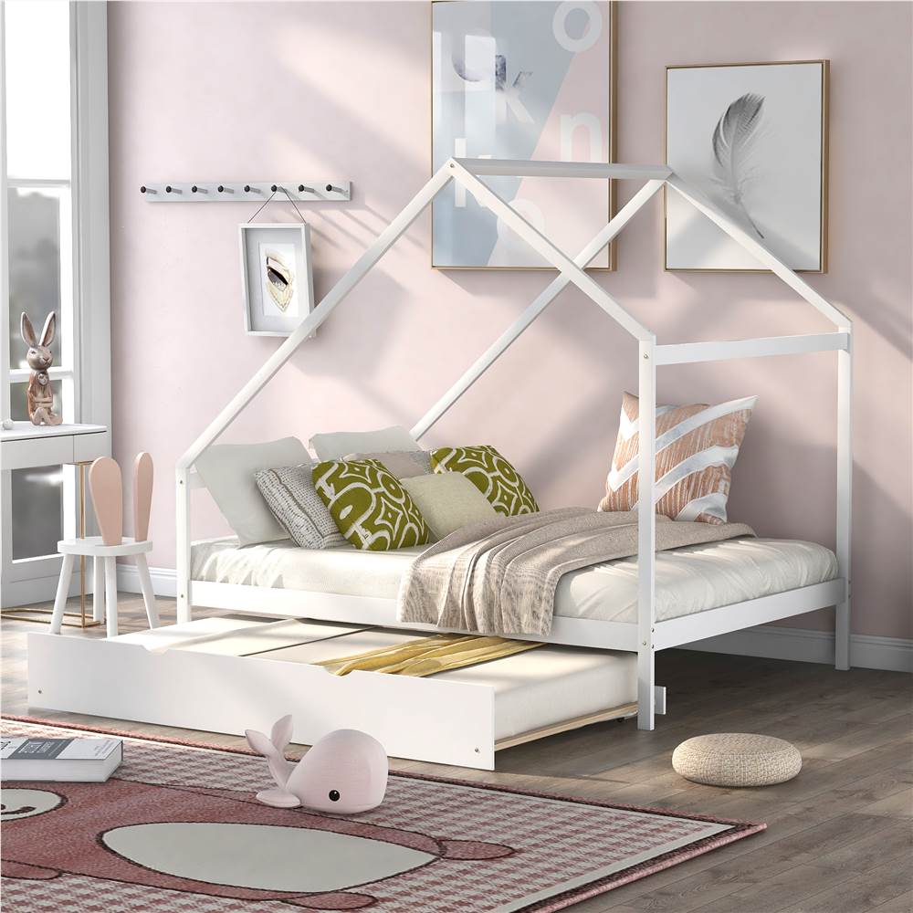 Full Size House-shaped Platform Bed Frame with Twin Size Trundle, and Wooden Slats Support, No Box Spring Needed (Only Frame) - White