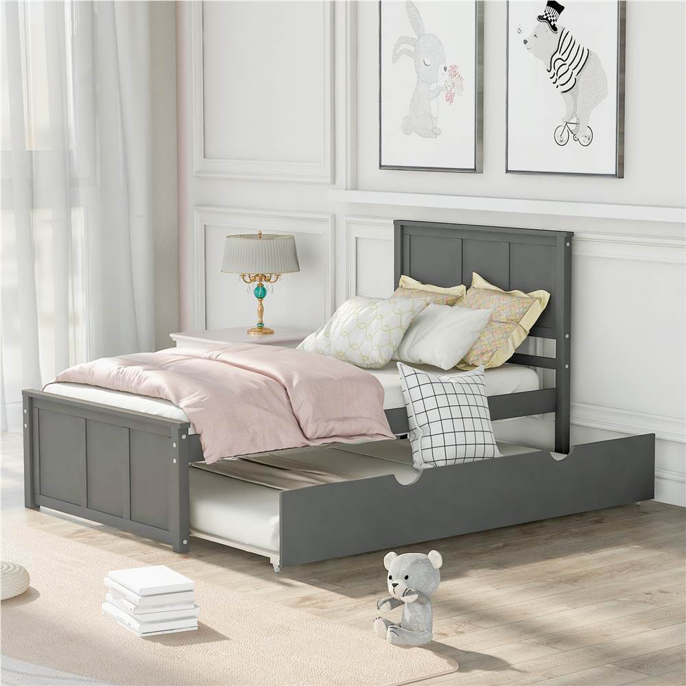 

Twin-Size Platform Bed Frame with Trundle, Headboard and Wooden Slats Support, No Box Spring Needed (Only Frame) - Gray