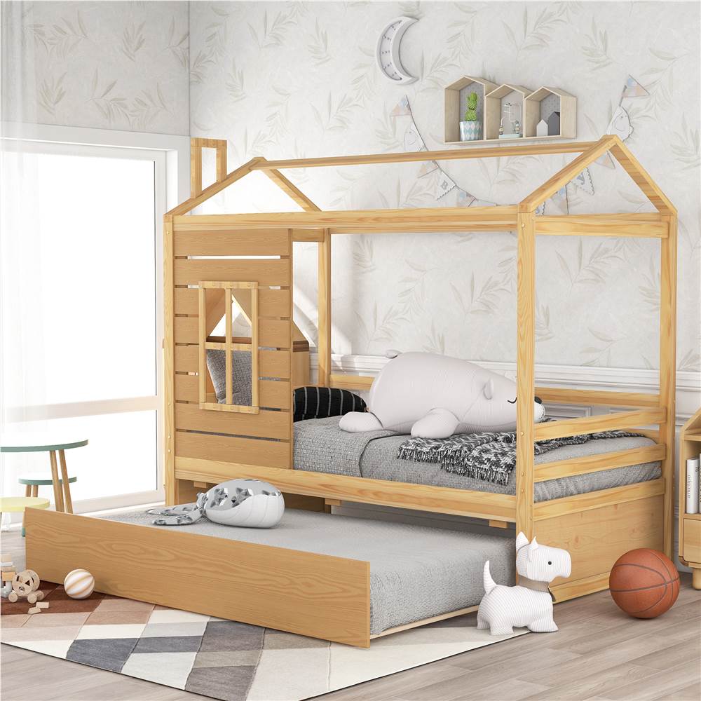 

Twin Size House-shaped Platform Bed Frame with Twin Size Trundle and Wooden Slats Support, No Box Spring Needed (Only Frame) - Natural
