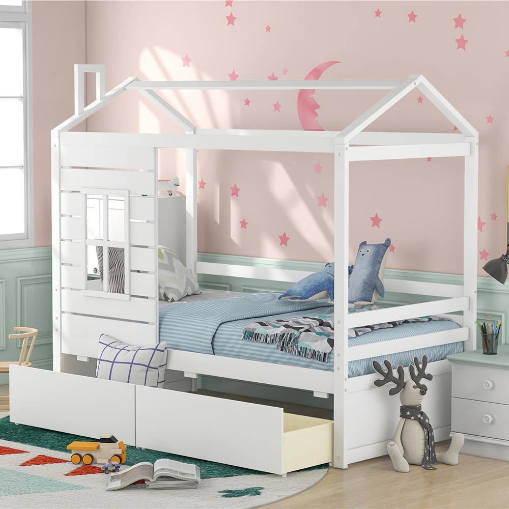 

Twin Size House-shaped Platform Bed Frame with 2 Storage Drawers and Wooden Slats Support, No Box Spring Needed (Only Frame) - White