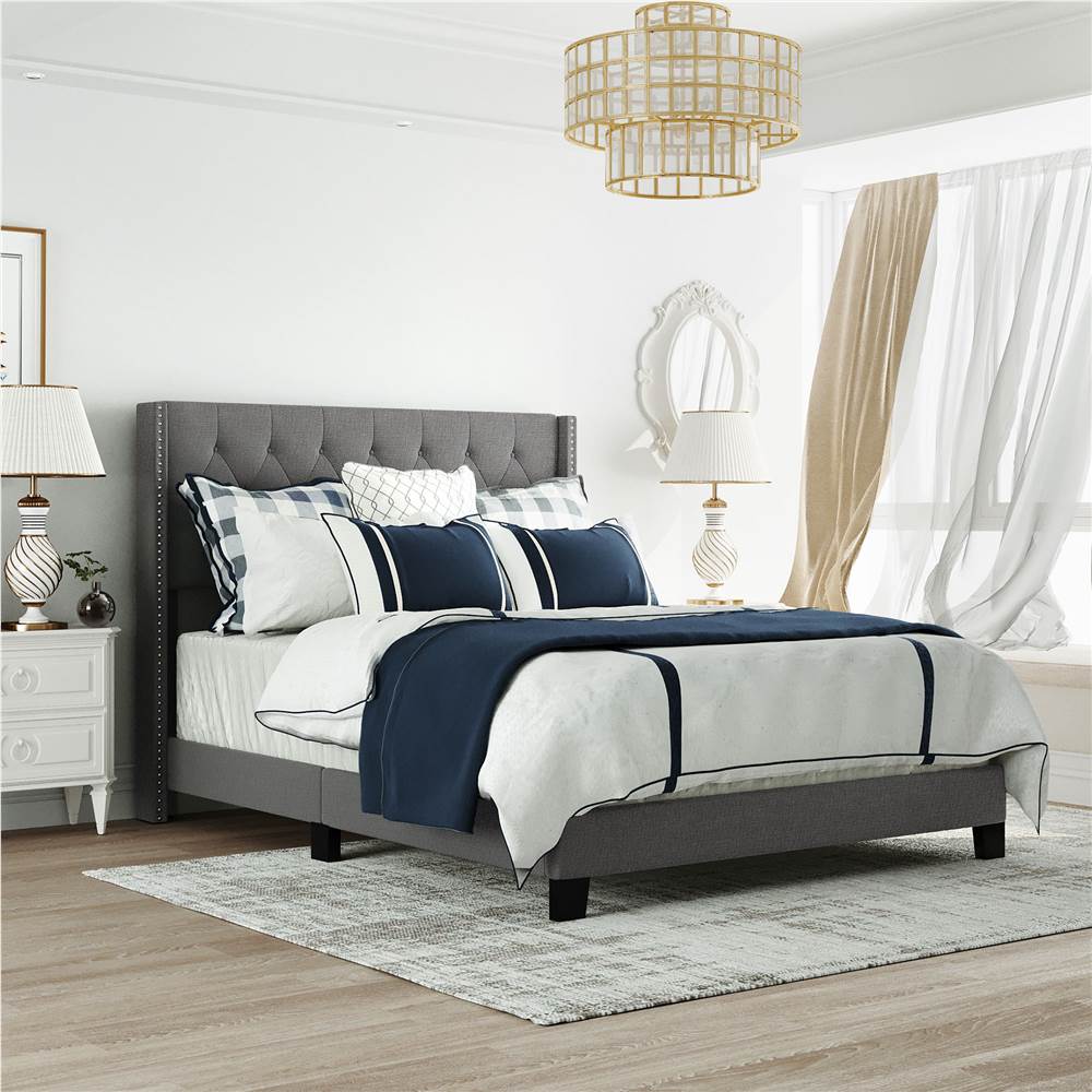 Queen Size Linen Fabric Upholstered Platform Bed Frame with Headboard and Wooden Slats Support, Box Spring Needed (Only Frame) - Gray