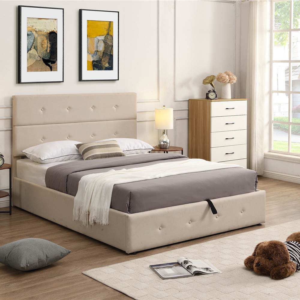 

Full Size Upholstered Platform Bed Frame with Storage Space, Headboard and Wooden Slats Support, No Box Spring Needed (Only Frame) - Beige