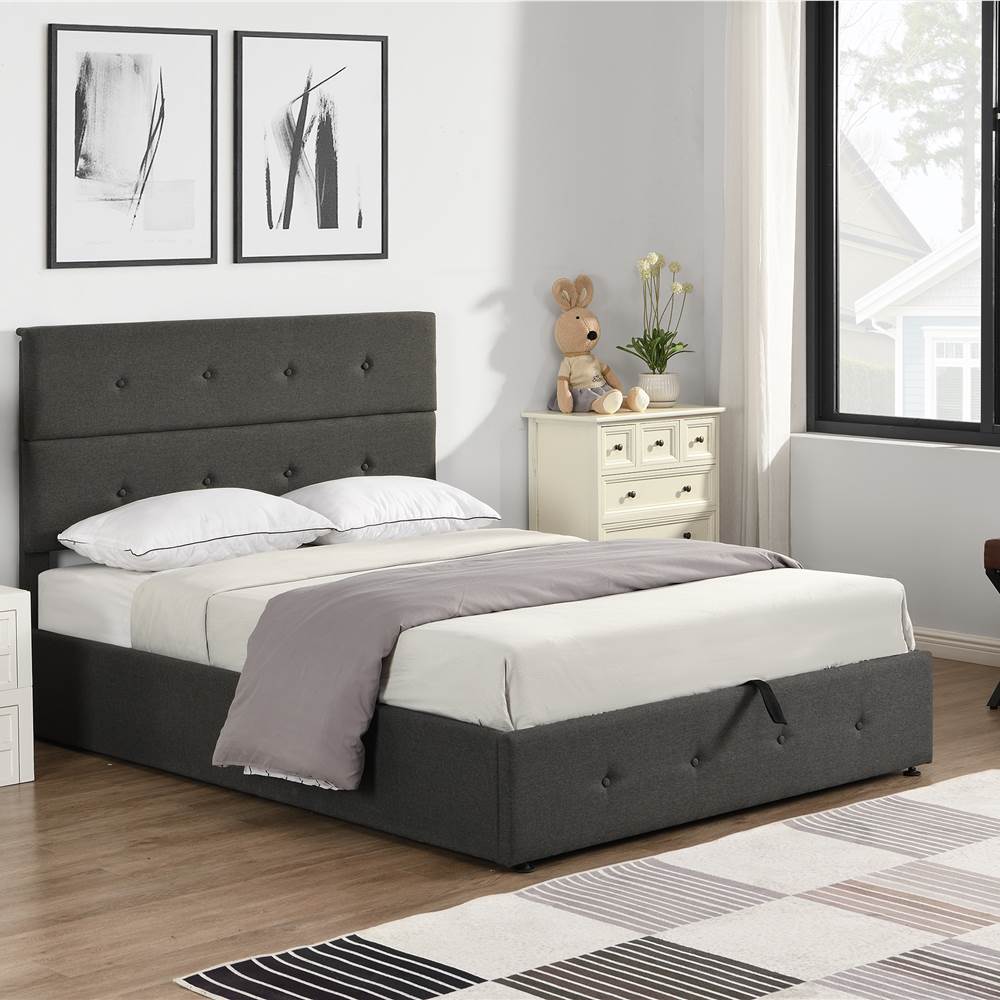 

Full Size Upholstered Platform Bed Frame with Storage Space, Headboard and Wooden Slats Support, No Box Spring Needed (Only Frame) - Gray