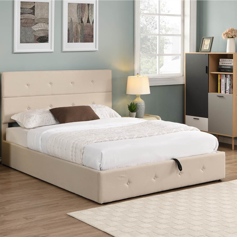 Queen Size Upholstered Platform Bed Frame with Storage Space, Headboard and Wooden Slats Support, No Box Spring Needed (Only Frame) - Beige