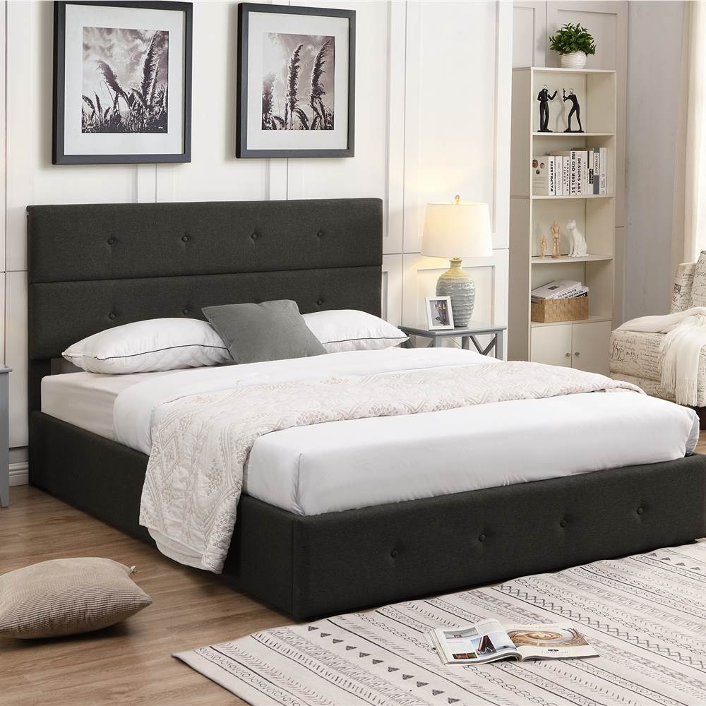 

Queen Size Upholstered Platform Bed Frame with Storage Space, Headboard and Wooden Slats Support, No Box Spring Needed (Only Frame) - Gray