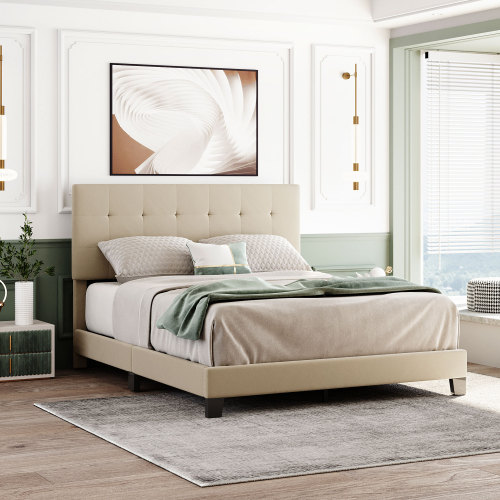 Queen-Size Linen Fabric Upholstered Platform Bed Frame with Tufted Headboard and Wooden Slats Support, Box Spring Needed (Only Frame) - Beige