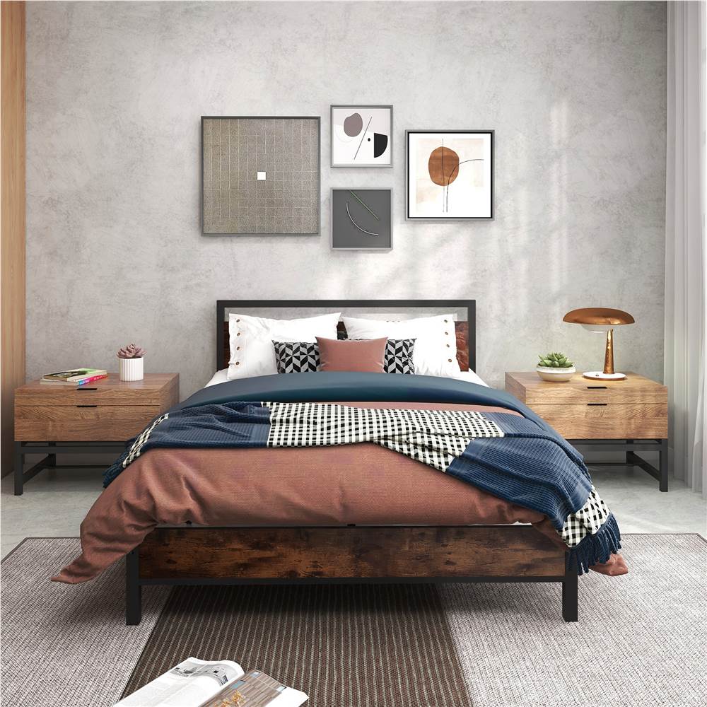Bed Frame with Wooden Headboard Metal Slats, High Metal Platform Bed, No Box Spring Needed (Full, Rustic Brown)