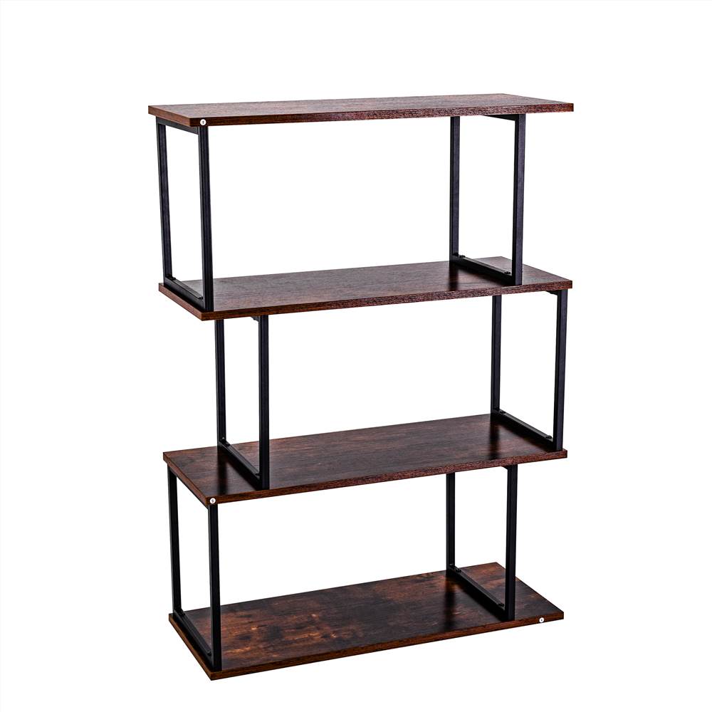 Bookcase and Bookshelf 3 Tier Display Shelf, S-Shaped Z-Shelf Bookshelves, Freestanding Multifunctional Decorative Storage Shelving for Home Office, Vintage Brown Industrial Style