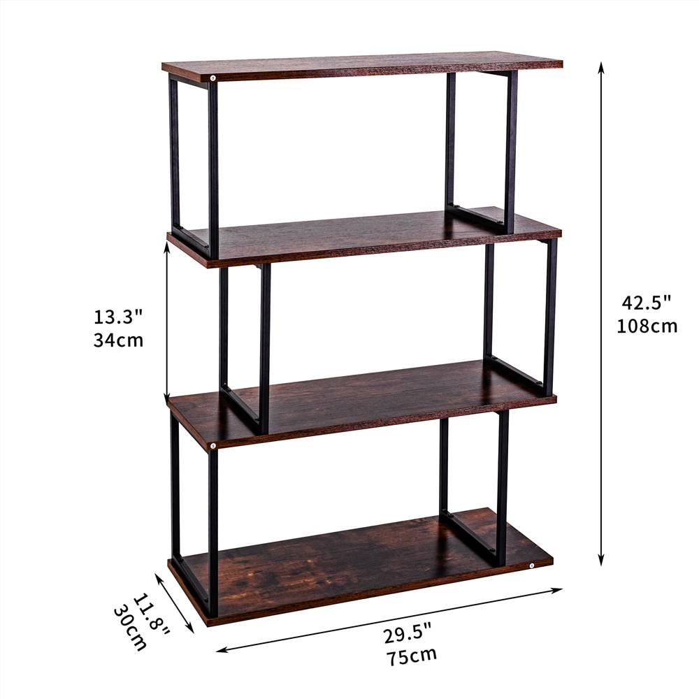 Bookcase and Bookshelf 3 Tier Display Shelf, S-Shaped Z-Shelf Bookshelves, Freestanding Multifunctional Decorative Storage Shelving for Home Office, Vintage Brown Industrial Style